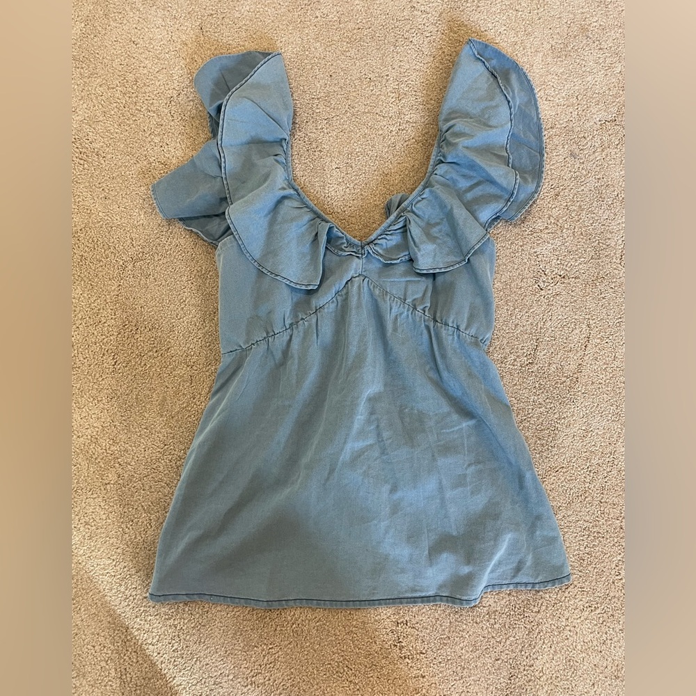 French Connection denim top with ruffle details